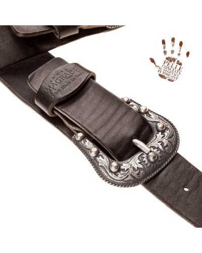 Guitar Strap Black Certified Vegetable Tanned Leather 7 Cm Twin Buckle TC Stone Washed 