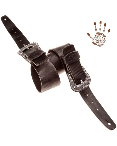 Tracolla per Chitarra e Basso Nero Vera Pelle Conciata Al Vegetale 7 Cm Twin Buckle TC Stone Washed 