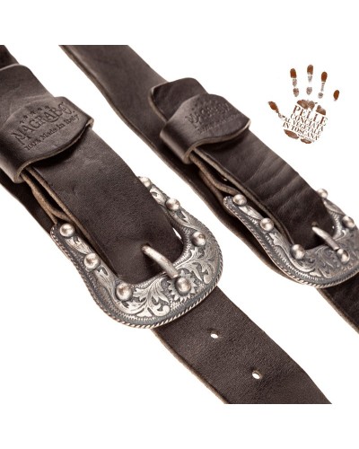 Guitar Strap Black Certified Vegetable Tanned Leather 7 Cm Twin Buckle TC Stone Washed 