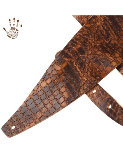 Guitar Strap Brown Certified Vegetable Tanned Leather 10 Cm Croco Lux Holes HC Embossed