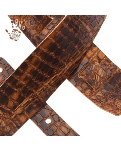 Guitar Strap Brown Certified Vegetable Tanned Leather 6 Cm Croco Lux Holes HC Embossed