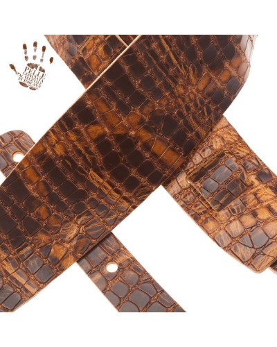 Guitar Strap Brown Certified Vegetable Tanned Leather 8 Cm Croco Lux Holes HC Embossed