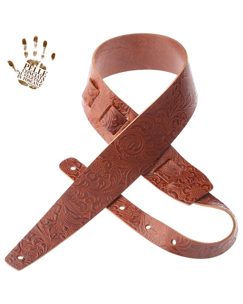 Guitar Strap Brown Certified Vegetable Tanned Leather 6 Cm Flores Holes HC Embossed