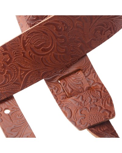 Guitar Strap Brown Certified Vegetable Tanned Leather 6 Cm Flores Holes HC Embossed