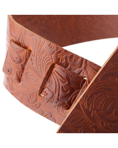 Guitar Strap Brown Certified Vegetable Tanned Leather 6 Cm Flores Holes HC Embossed