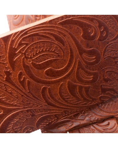 Guitar Strap Brown Certified Vegetable Tanned Leather 6 Cm Flores Holes HC Embossed