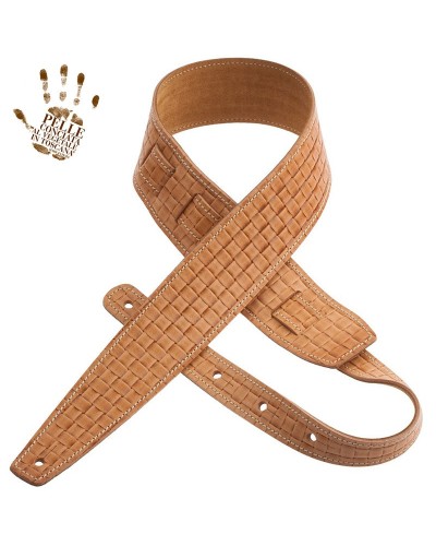 Guitar Strap Brown Certified Vegetable Tanned Leather 6 Cm Intreccio Holes HS Embossed