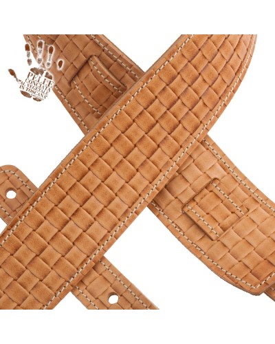 Guitar Strap Brown Certified Vegetable Tanned Leather 6 Cm Intreccio Holes HS Embossed