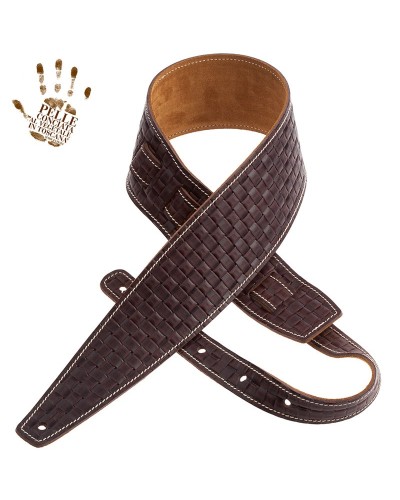 Guitar Strap Brown Certified Vegetable Tanned Leather 8 Cm Intreccio Holes HS Embossed