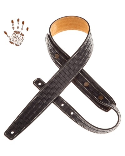 Guitar Strap Black Certified Vegetable Tanned Leather 5 Cm Intreccio Buttons BS Embossed