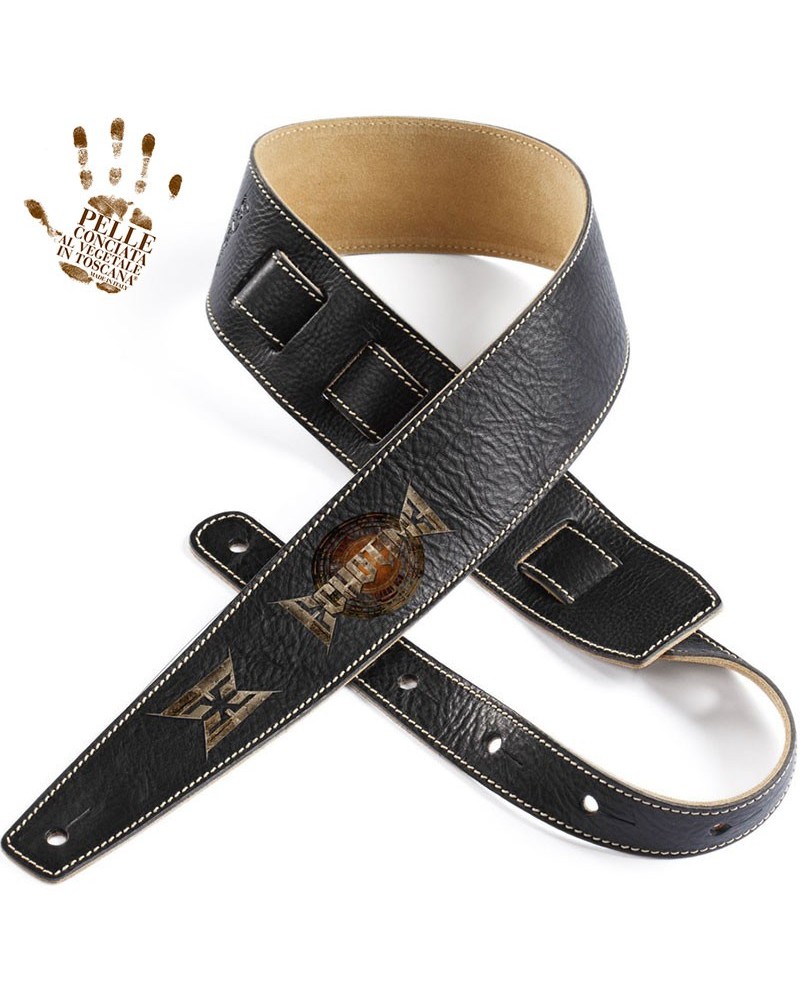 Guitar Strap Black Certified Vegetable Tanned Leather 6 Cm Holes HS Print