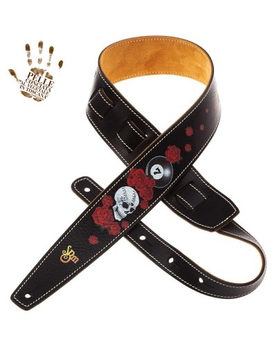 Guitar Strap Black Certified Vegetable Tanned Leather 6 Cm Supersonic Blues Machine Holes HS Print