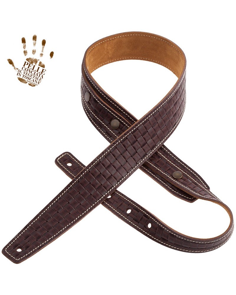 Guitar Strap Brown Certified Vegetable Tanned Leather 5 Cm Intreccio Buttons BS Embossed