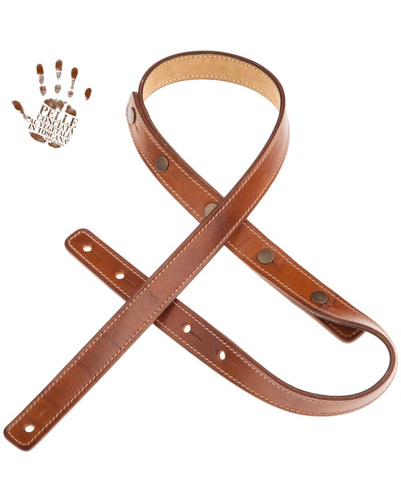 Guitar Strap Brown Certified Vegetable Tanned Leather 2.7 Cm Capitan Fede Buttons BS Stone Washed