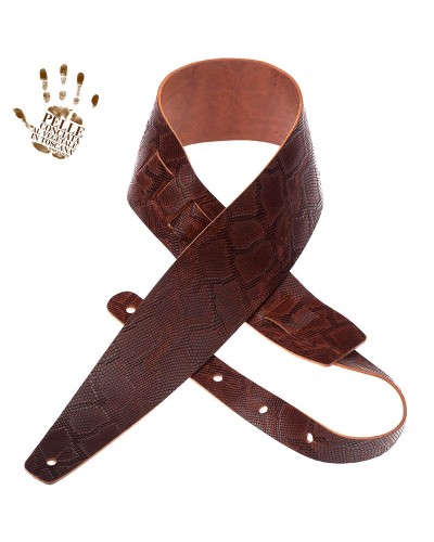 Guitar Strap Brown Certified Vegetable Tanned Leather 8 Cm Snake Holes HC Embossed