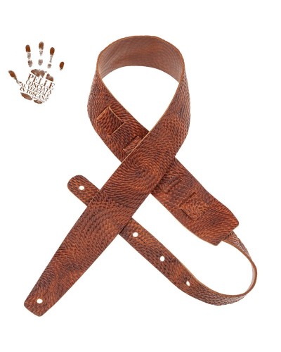 Guitar Strap Brown Certified Vegetable Tanned Leather 6 Cm Swivel Holes HC Embossed