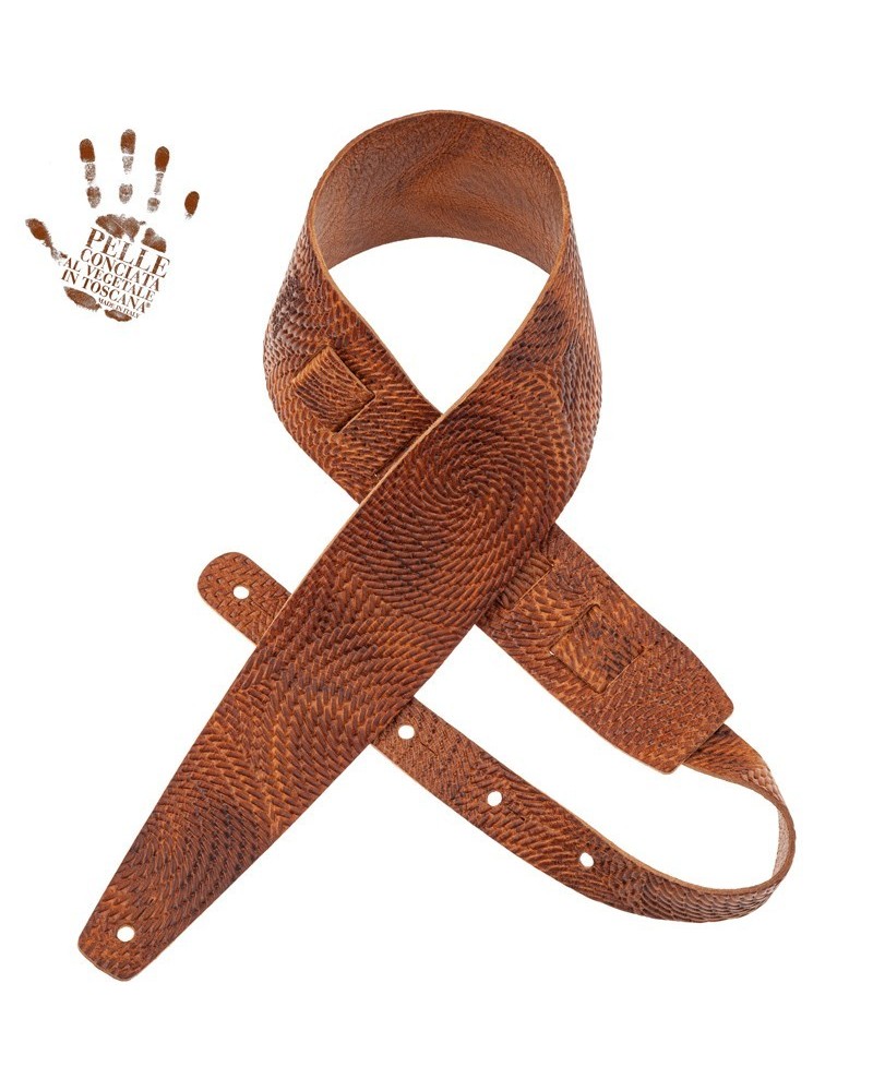 Guitar Strap Brown Certified Vegetable Tanned Leather 8 Cm Swivel Holes HC Embossed