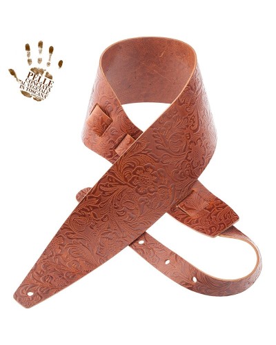 Guitar Strap Brown Certified Vegetable Tanned Leather 10 Cm Flores Holes HC Embossed