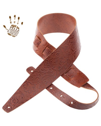 Guitar Strap Brown Certified Vegetable Tanned Leather 8 Cm Flores Holes HC Embossed