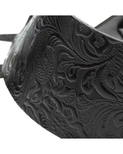 Guitar Strap Black Certified Vegetable Tanned Leather 8 Cm Flores Holes HC Embossed