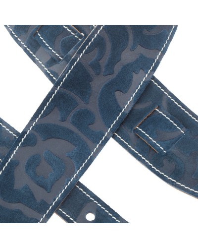 Guitar Strap Blu Genuine Leather 6 Cm Damasco Holes HS Embossed