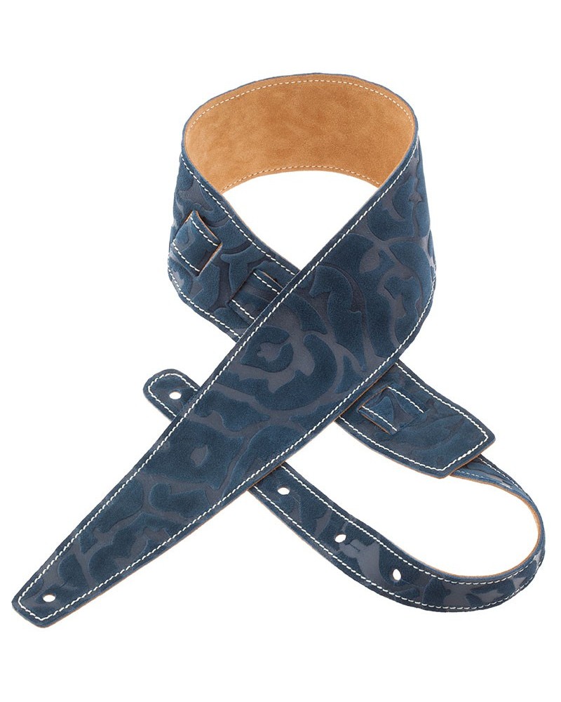 Guitar Strap Blu Genuine Leather 6 Cm Damasco Holes HS Embossed