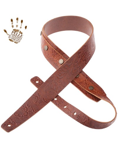 Guitar Strap Brown Certified Vegetable Tanned Leather 5 Cm Flores Buttons BC Embossed