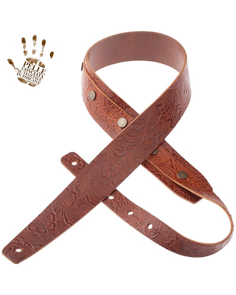 Guitar Strap Brown Certified Vegetable Tanned Leather 5 Cm Flores Buttons BC Embossed