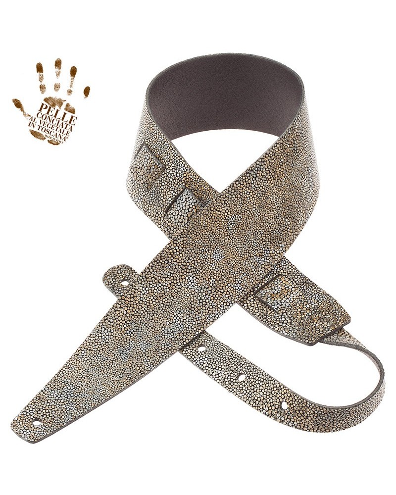 Guitar Strap White Certified Vegetable Tanned Leather 8 Cm Seurat Holes HC Embossed