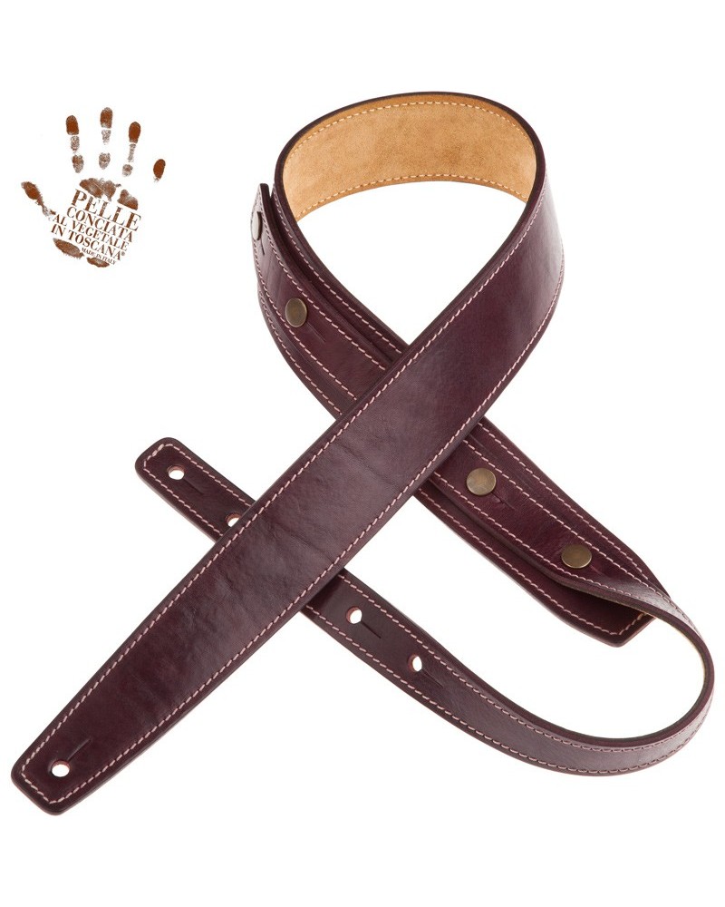 Guitar Strap Bordeaux Certified Vegetable Tanned Leather 5 Cm Buttons BS Stone Washed