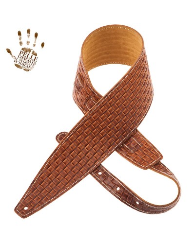 Guitar Strap Brown Certified Vegetable Tanned Leather 10 Cm Intreccio Holes HS Embossed