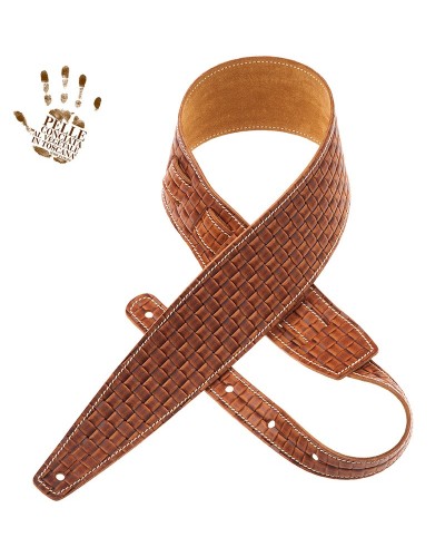 Guitar Strap Brown Certified Vegetable Tanned Leather 8 Cm Intreccio Holes HS Embossed