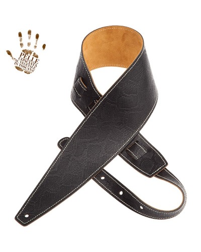 Guitar Strap Black Certified Vegetable Tanned Leather 10 Cm Snake Holes HS Embossed