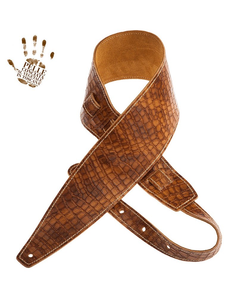 Guitar Strap Brown Certified Vegetable Tanned Leather 10 Cm Croco Lux Holes HS Embossed