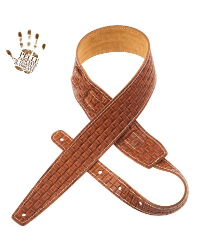 Guitar Strap Brown Certified Vegetable Tanned Leather 6 Cm Intreccio Holes HS Embossed