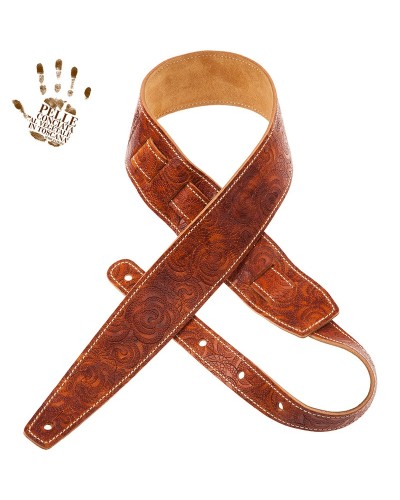 Guitar Strap Brown Certified Vegetable Tanned Leather 6 Cm Ciler Holes HS Embossed