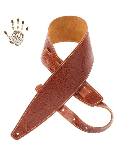 Guitar Strap Brown Certified Vegetable Tanned Leather 10 Cm Flores Holes HS Embossed