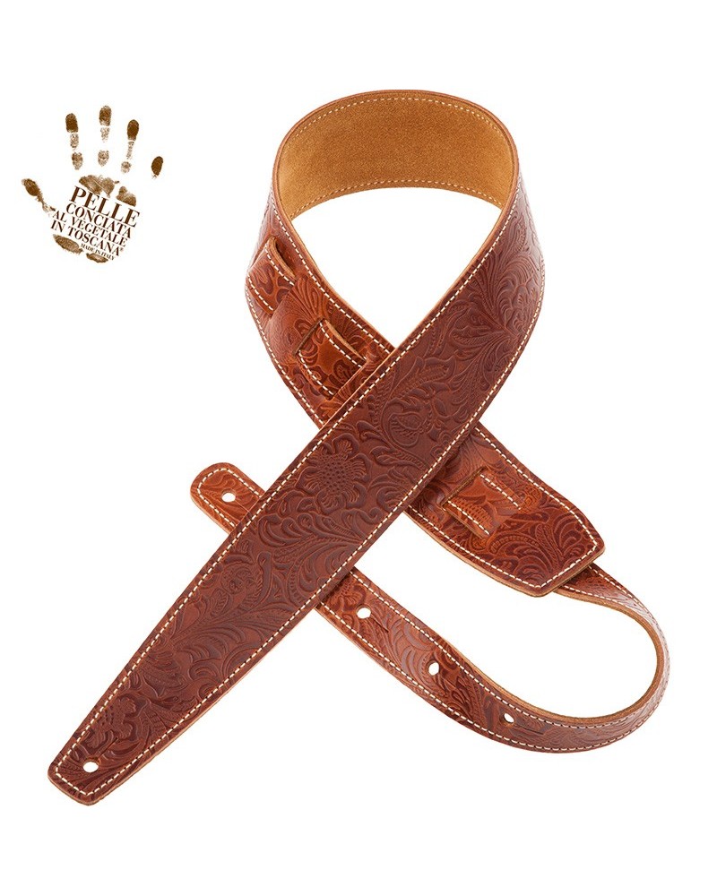 Guitar Strap Brown Certified Vegetable Tanned Leather 6 Cm Flores Holes HS Embossed