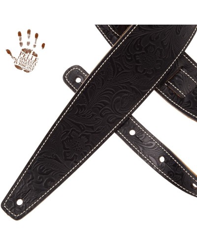 Guitar Strap Black Certified Vegetable Tanned Leather 8 Cm Flores Holes HS Embossed