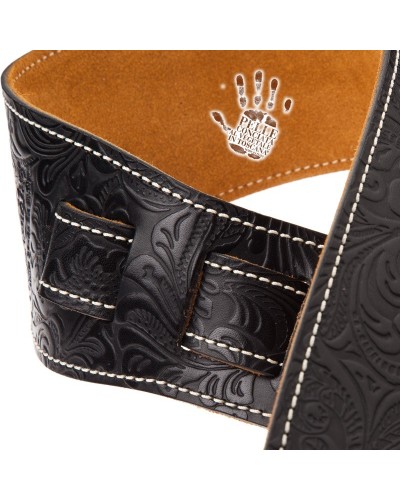 Guitar Strap Black Certified Vegetable Tanned Leather 8 Cm Flores Holes HS Embossed