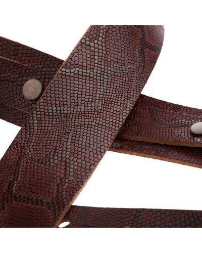 Guitar Strap Brown Certified Vegetable Tanned Leather 5 Cm Snake Buttons BC Embossed