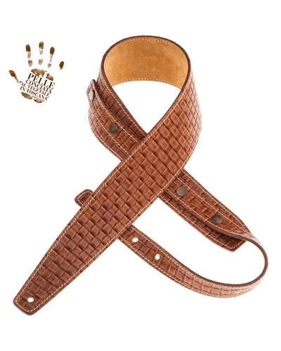 Guitar Strap Brown Certified Vegetable Tanned Leather 7 Cm Intreccio Buttons BS Embossed