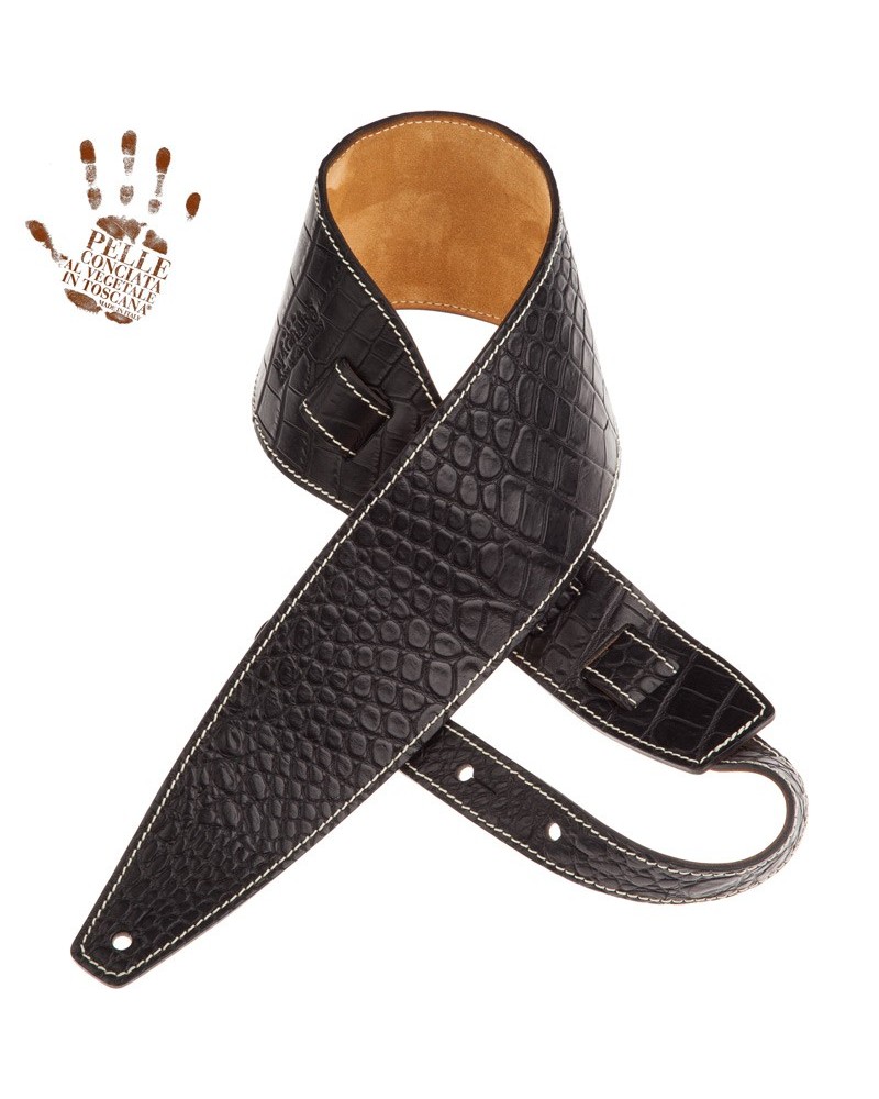 Tracolla per Chitarra e Basso Nero Vera Pelle Conciata Al Vegetale 10 Cm Cocco Pros Holes HS Embossed