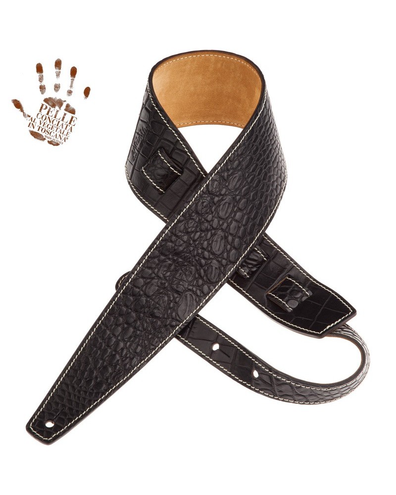 Guitar Strap Black Certified Vegetable Tanned Leather 8 Cm Cocco Pros Holes HS Embossed