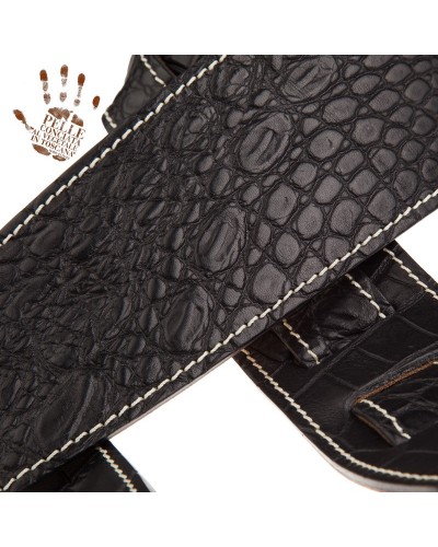 Guitar Strap Black Certified Vegetable Tanned Leather 8 Cm Cocco Pros Holes HS Embossed