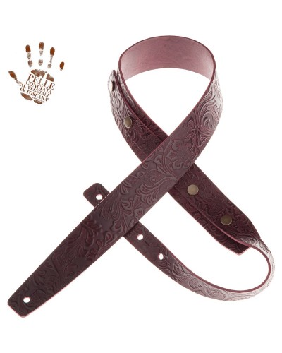 Guitar Strap Bordeaux Certified Vegetable Tanned Leather 5 Cm Flores Buttons BC Embossed