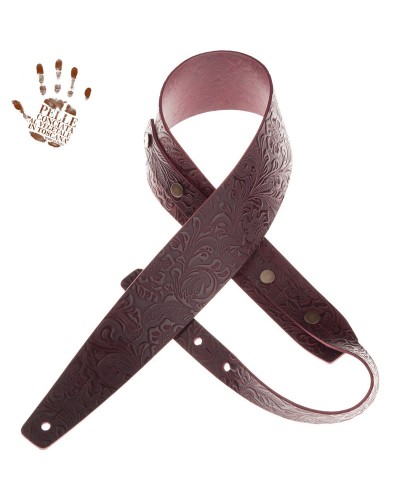 Guitar Strap Bordeaux Certified Vegetable Tanned Leather 7 Cm Flores Buttons BC Embossed