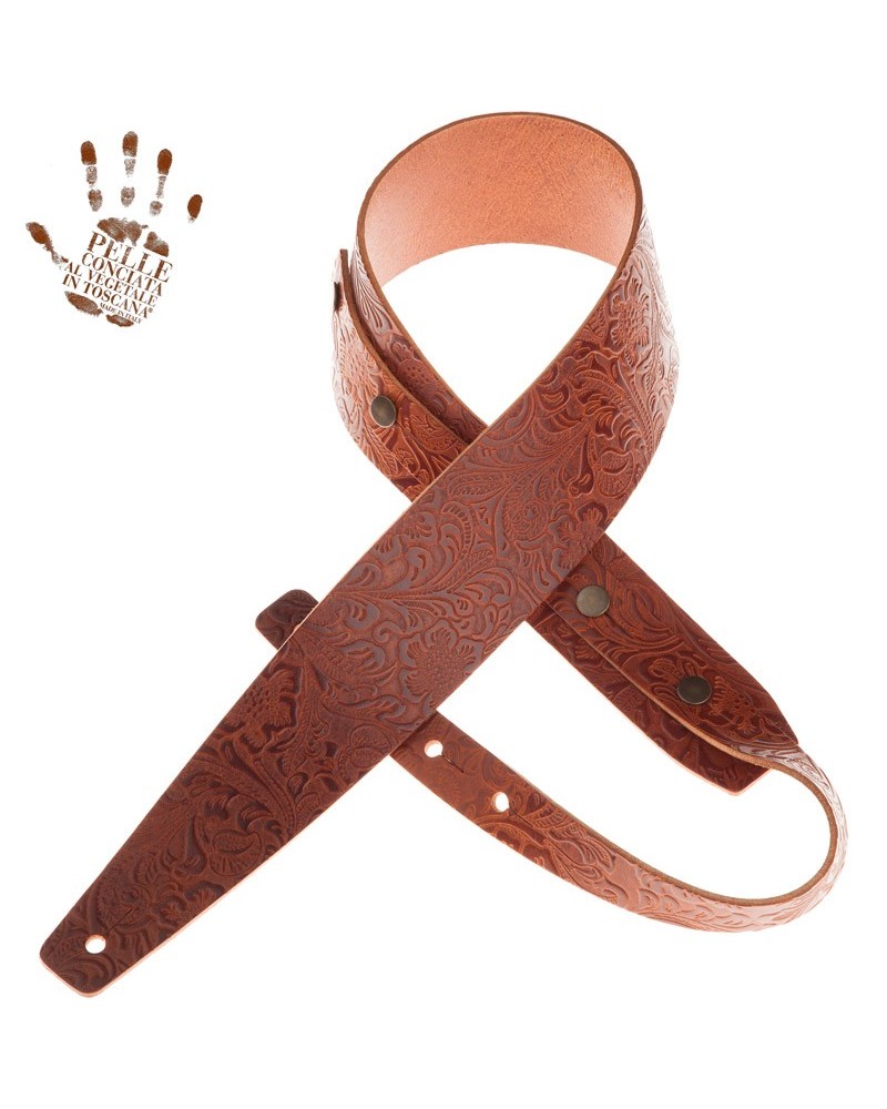 Guitar Strap Brown Certified Vegetable Tanned Leather 7 Cm Flores Buttons BC Embossed