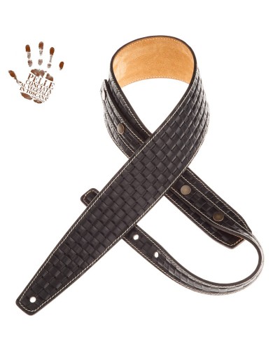 Guitar Strap Black Certified Vegetable Tanned Leather 7 Cm Intreccio Buttons BS Embossed