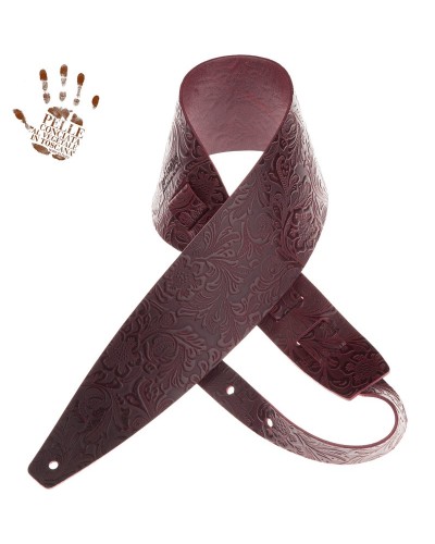 Guitar Strap Bordeaux Certified Vegetable Tanned Leather 10 Cm Flores Holes HC Embossed